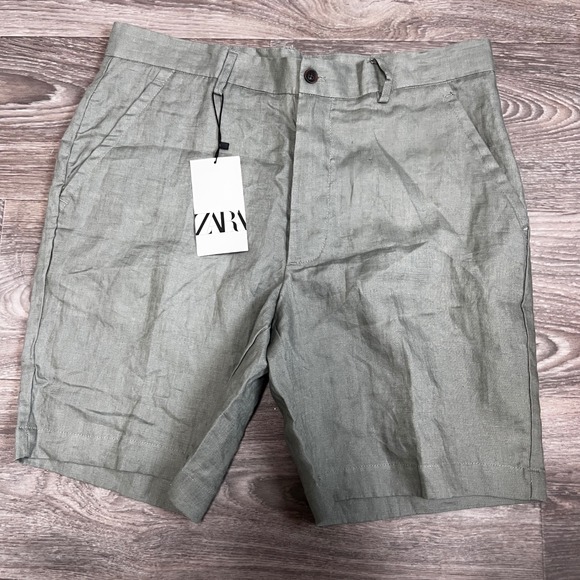 Zara Linen Blend Shorts Olive Green Chino Casual Summer Mens Size 42 $47.90 0163 - Picture 1 of 8
